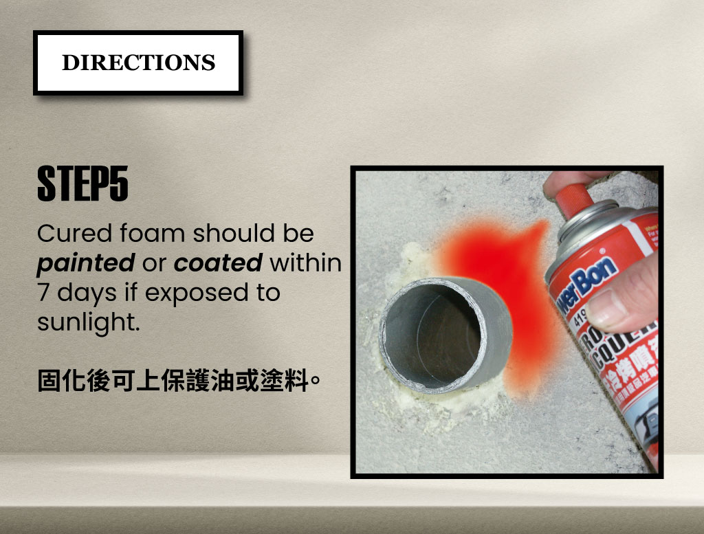 Step-by-step usage of PowerBon PU Foam Expanding Filler – spray water, apply upside down, foam expansion, cutting, sanding, and painting