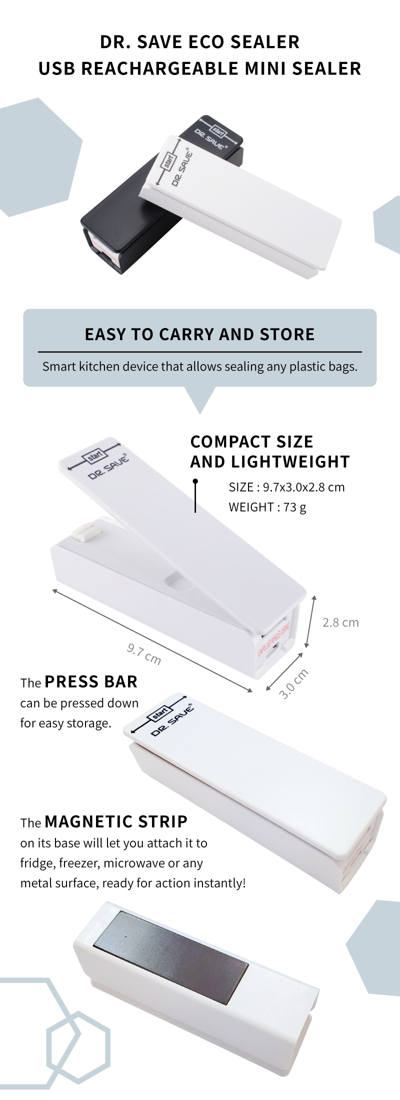 DR. SAVE ECO SEALER USB Rechargeable Bag sealing machine Mini Heat Seal for Snacks Cookies Vacuum Food Storage