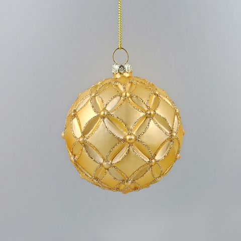 Yellow Geometric Textured Glass Ball Ornament with Gold Glitter, Blown Glass Christmas Tree Ornaments for Christmas Decoration