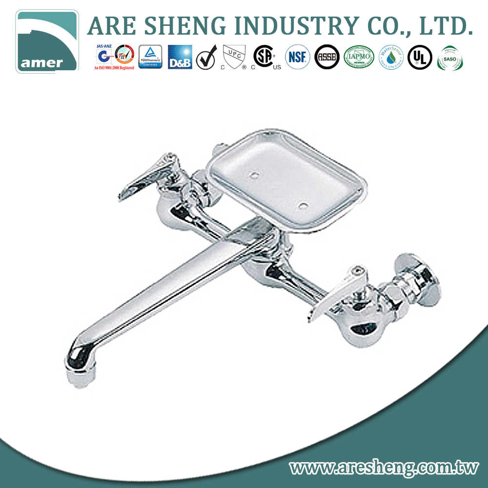 WALL MOUNT KITCHEN FAUCET, BRASS MATERIAL, CHROME FINISH, WITH SOAP DISH