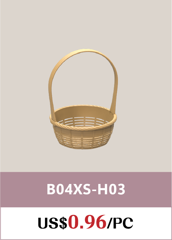 Small round woven-look plastic fruit basket B04XS-H03 with snap-fit handle, priced at US$0.96 per piece.