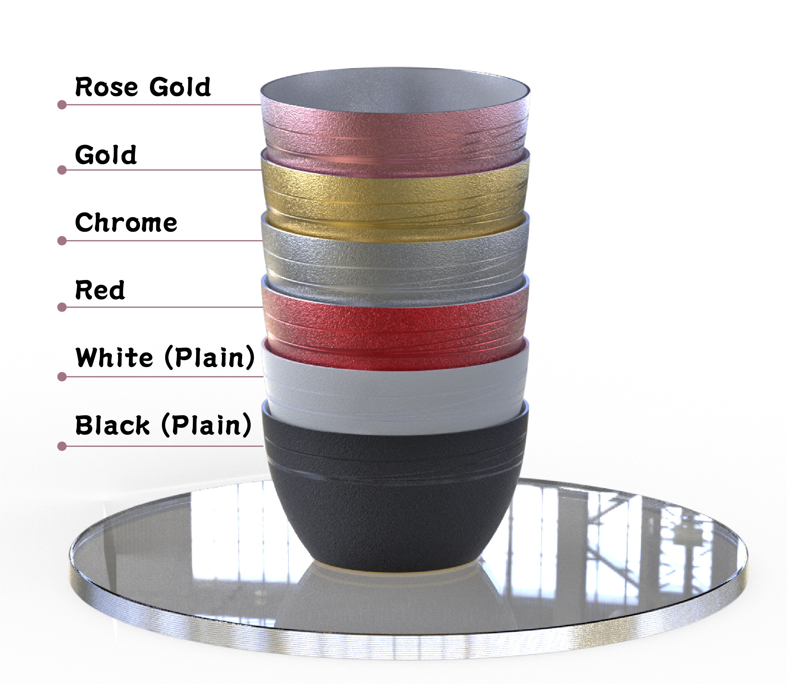 Stack of ABS tabletop floral bowls in multiple finishes – metallic silver, rose gold, gold, textured silver, red, white plain, and black plain – lightweight, durable, stackable plastic flower containers for orchids, retail displays, weddings, and home décor.