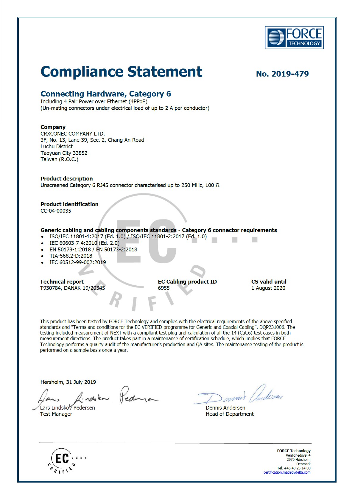 Certification de prise Keystone Jack Cat.6 à 180 degrés vérifiée par Delta