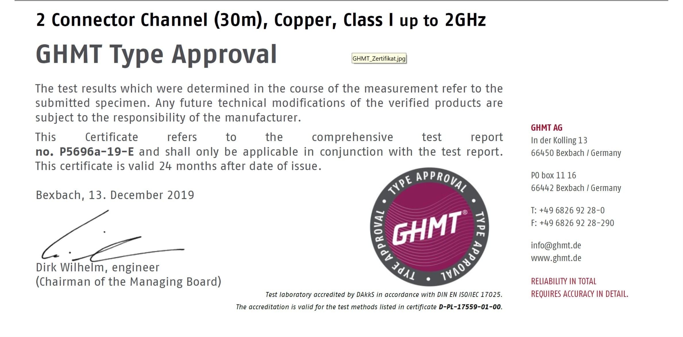Certificación del sistema de cobre Cat.8 verificado por GHMT