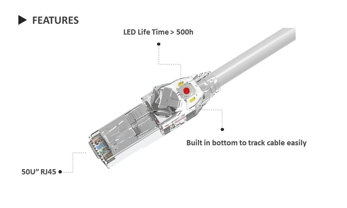 El LED del cable de conexión rastreable parpadea alimentado por batería para identificar el otro extremo del cable.