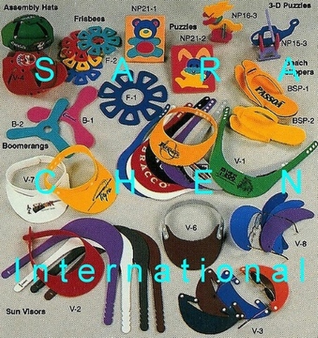 EVA PROMOTIONAL GIFTS: EVA SUN VISORS, BEACH SLIPPERS, 3-D PUZZLES, FRISBEES, ASSEMBLY HATS, BOOMERANGS...