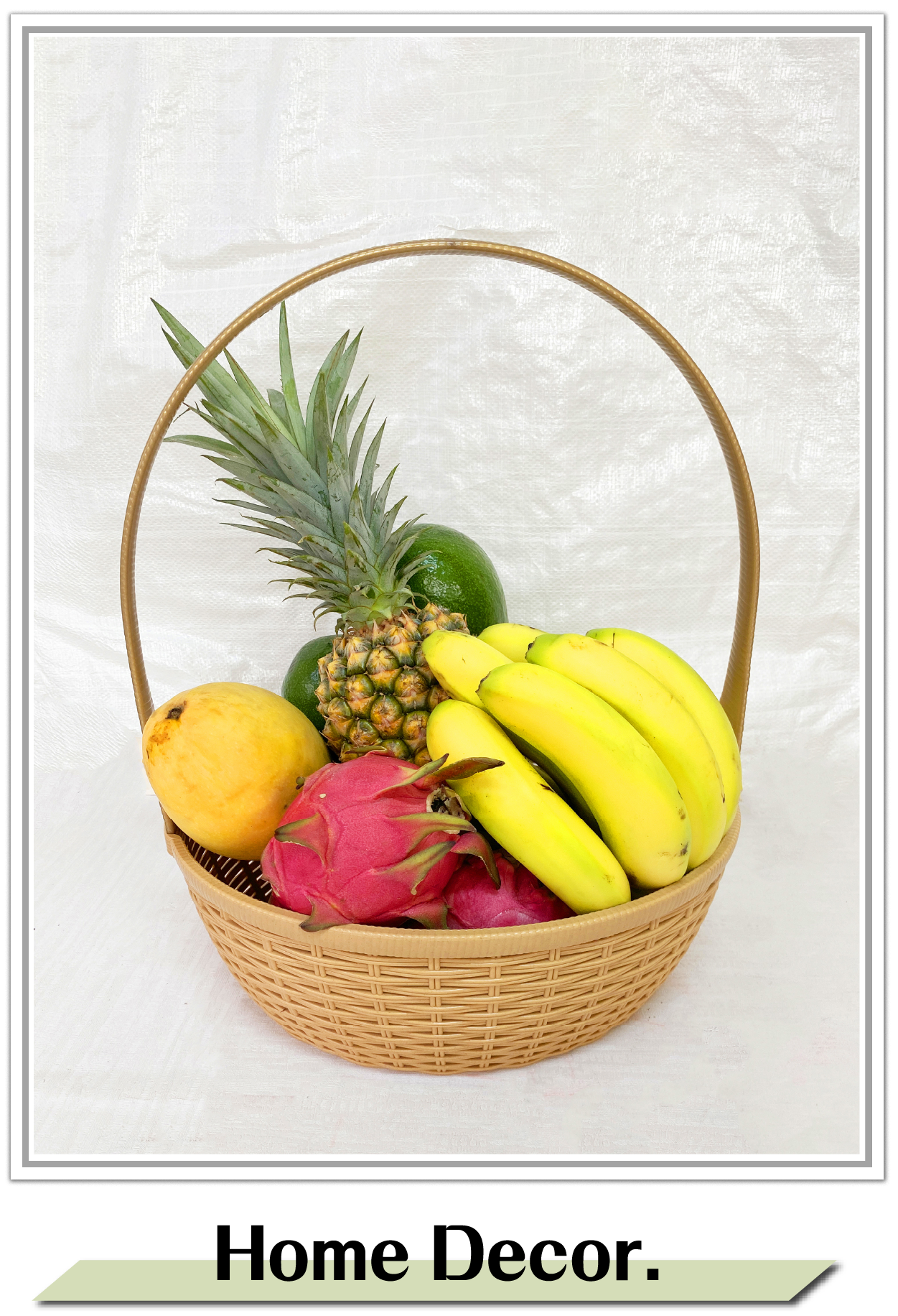 Plastic fruit basket filled with fresh fruits for home decor — reusable, bamboo-look design for stylish and practical presentation.