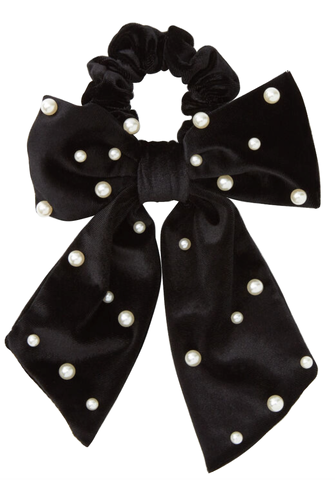 Black Satin Bow Scrunchie With Pearl Hair Accessories Supplier