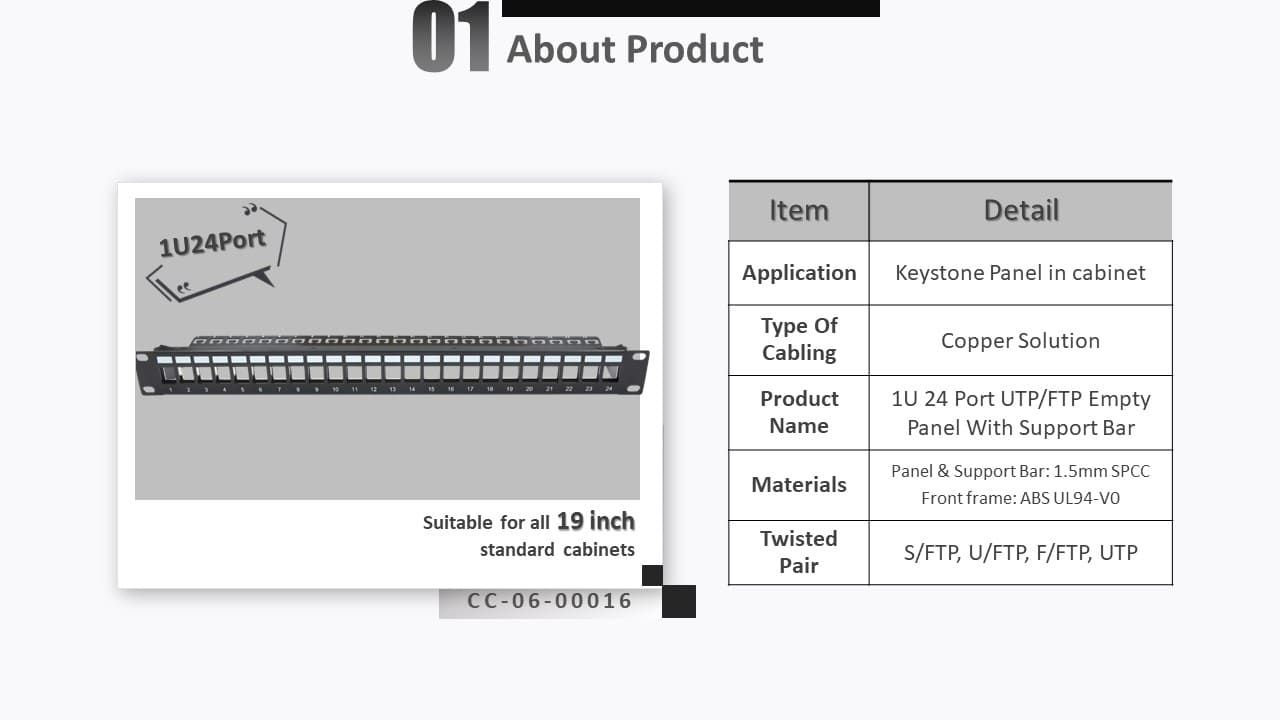 The empty panel can fit standard 19 inch cabinet and racks during the c6a, cat6, and c5e structured cabling, supporting screened and unscreened LAN cable wiring.