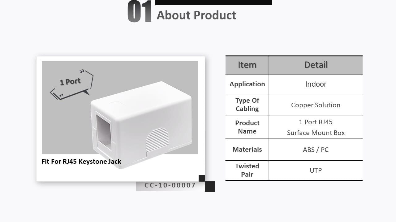 Le boîtier de montage en surface non chargé permet une installation et une terminaison simples des connexions de télécommunication pour les utilisateurs. En appuyant sur le côté du réseau SMB, les utilisateurs peuvent remplacer ou changer l'insert de module différent chaque fois que cela est nécessaire.