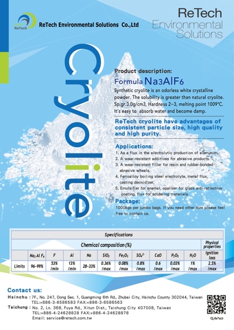 Chemical product - Synthetic cryolite, odorless white crystalline powder, As a flux in the electrolytic production of aluminum