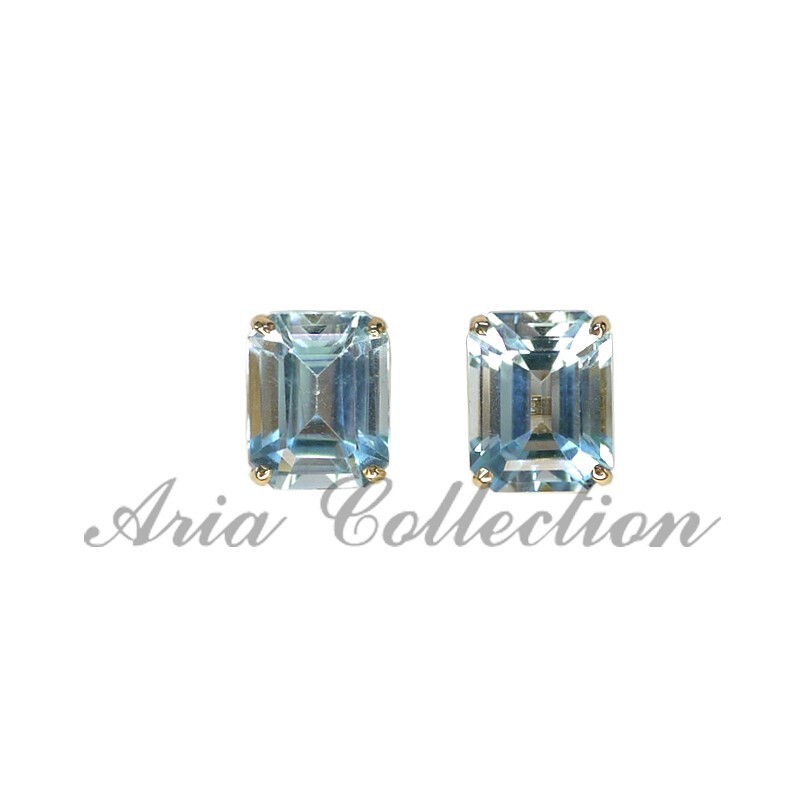 Blue topaz rectangle shape 14K gold post earring | Taiwantrade