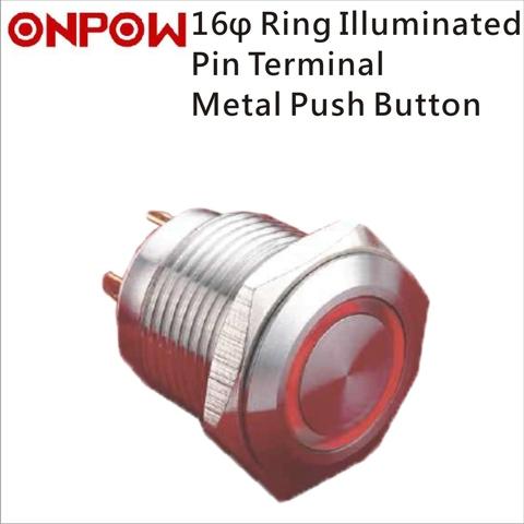 ONPOW 16mm Metal Push Button Switch Ring Illuminated Pin Terminal 