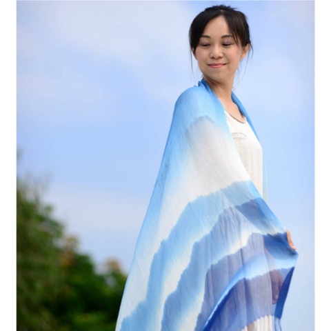 Long Silk Scarf Made of Indigo Dye (Rolling Mountains ）