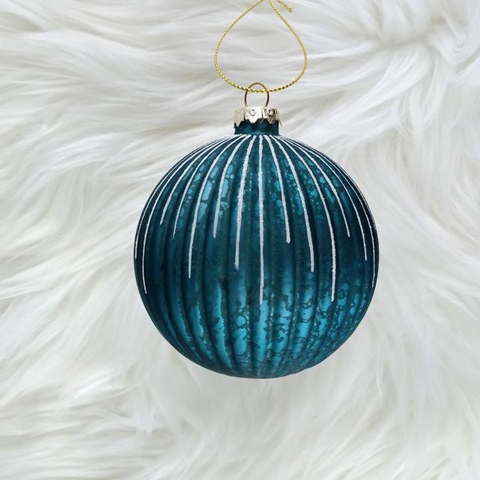 Antique Green Geometric Textured Glass Ball Ornament with Glitter, Blown Glass Christmas Tree Ornaments for Christmas Decoration