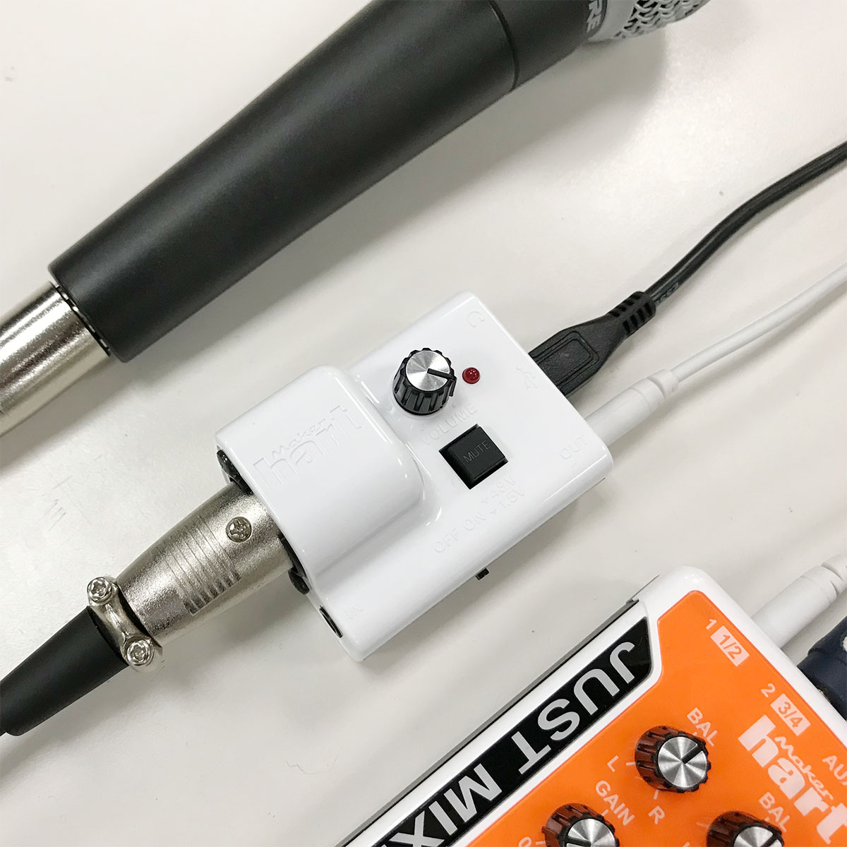 Mini Preamp for Providing Phantom Power to Condenser and Electret Microphones 1//8 Input 1//8 Output XLR Maker Hart Just Mic Power