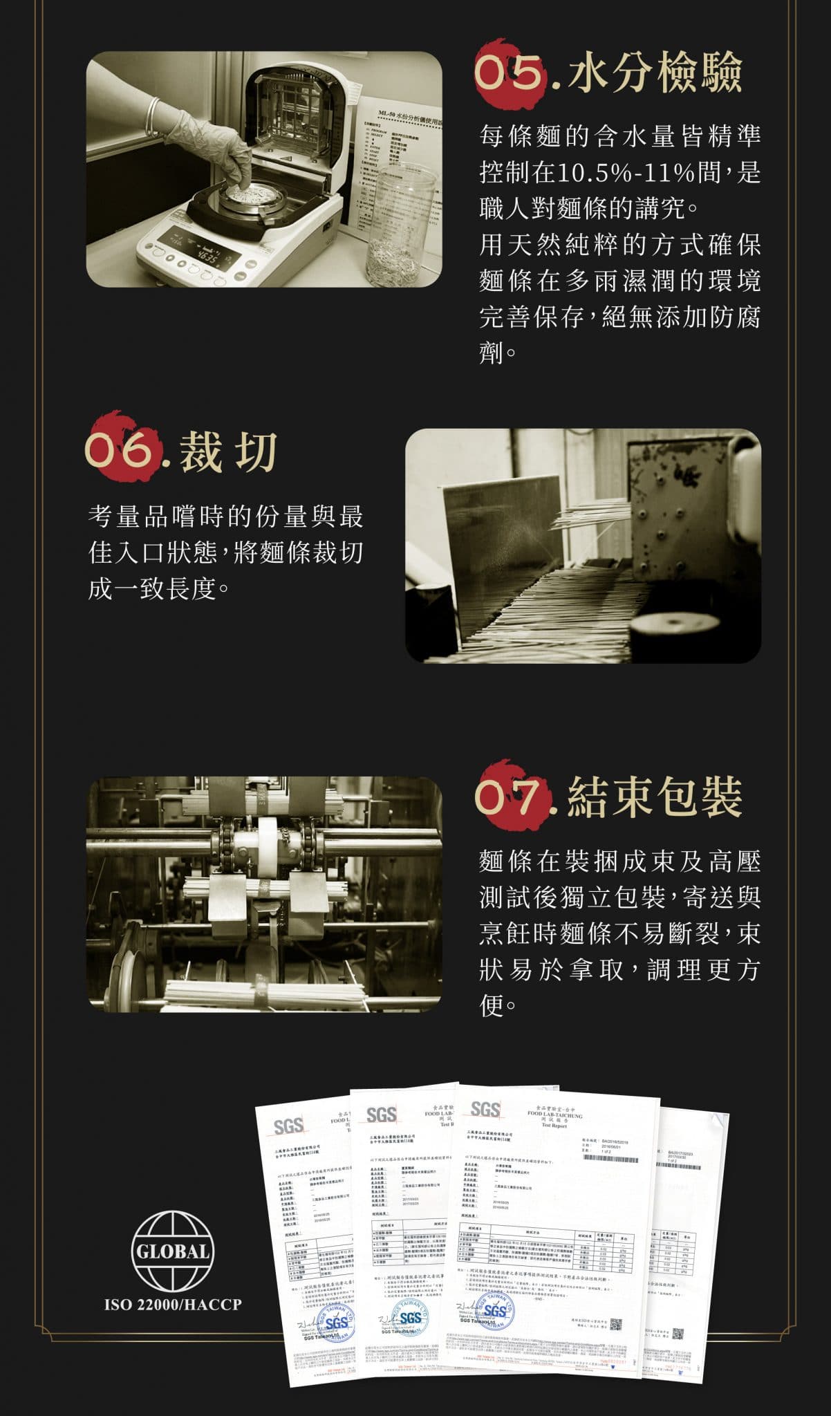 三風製麵的麵條，經過八大專業製作過程，全程嚴格把關