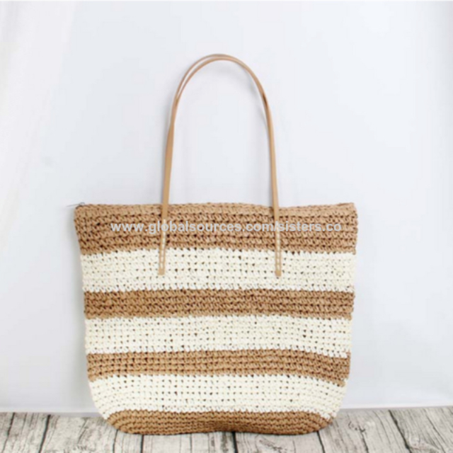 Two Tone Straw Striped Crochet Tote Bag (White/Brown) Taiwantrade