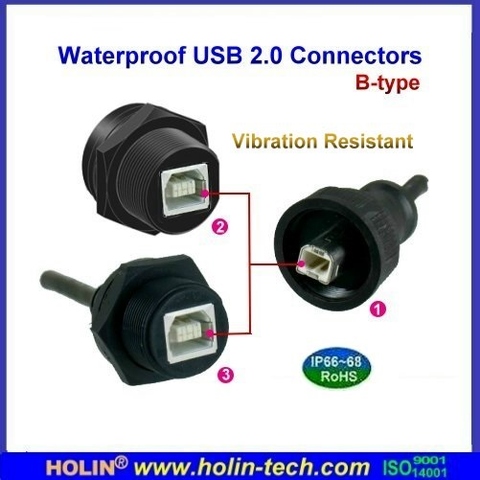 Waterproof USB B type 2.0 Connectors , Panel Mount Receptacle & Overmolded Cable Assembly