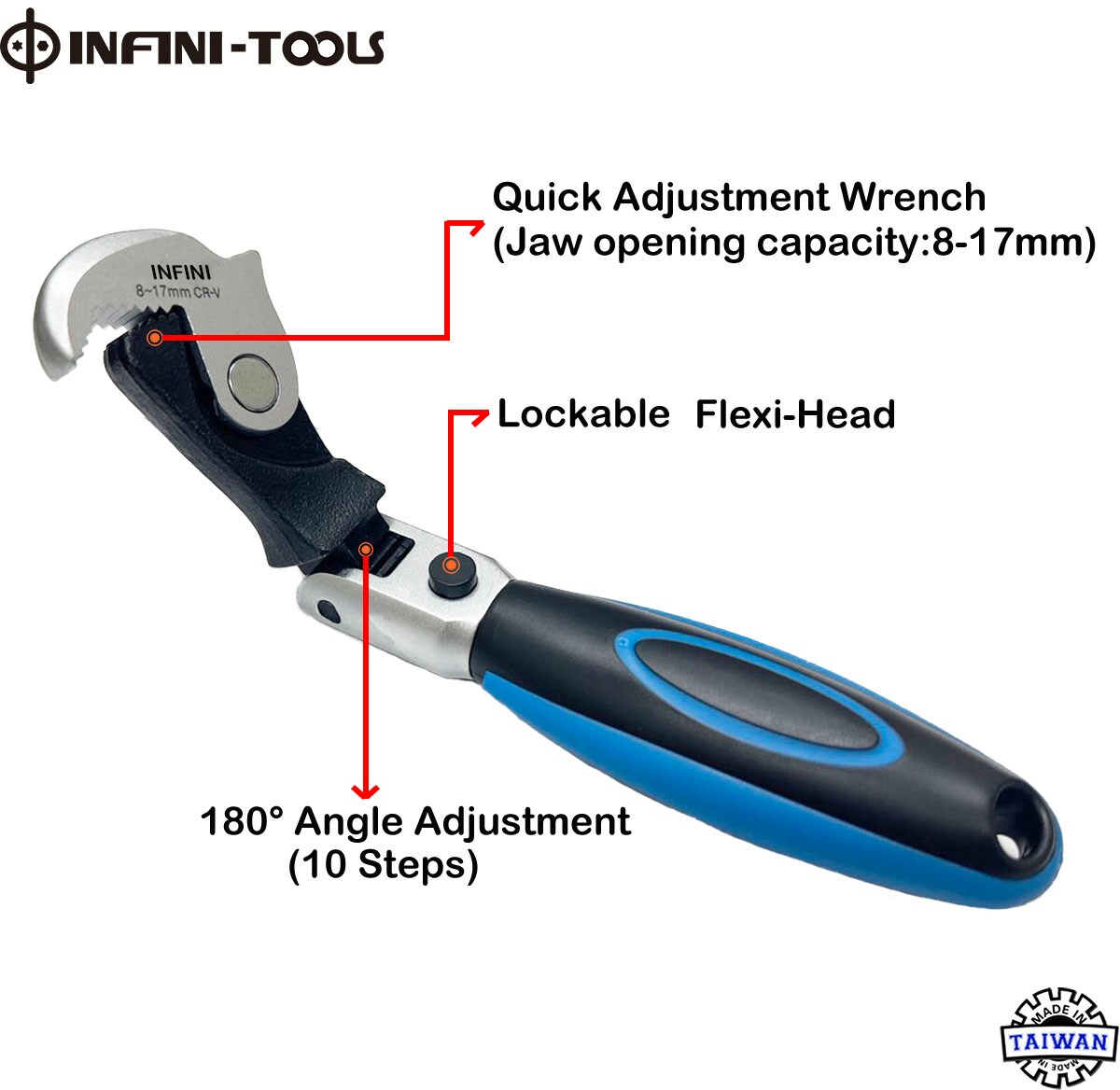 Chiave Regolabile A Testa Flessibile Laser 8729 – 8-17 Mm, Denti Seghettati, Impugnatura Morbida, Cromo Vanadio