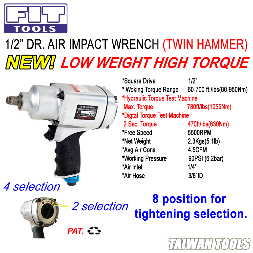 Pneumatic Impact Wrench Kit 8 Select 780ft 1055Nm. FIT 1/2" Heavy Duty Dr Air 