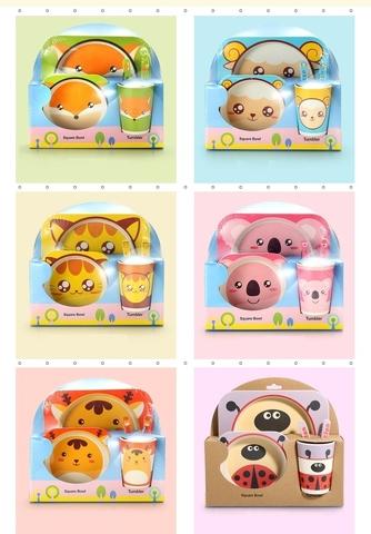 Five Pieces Children Bamboo fiber Tableware Set with Cute Animals Pattern