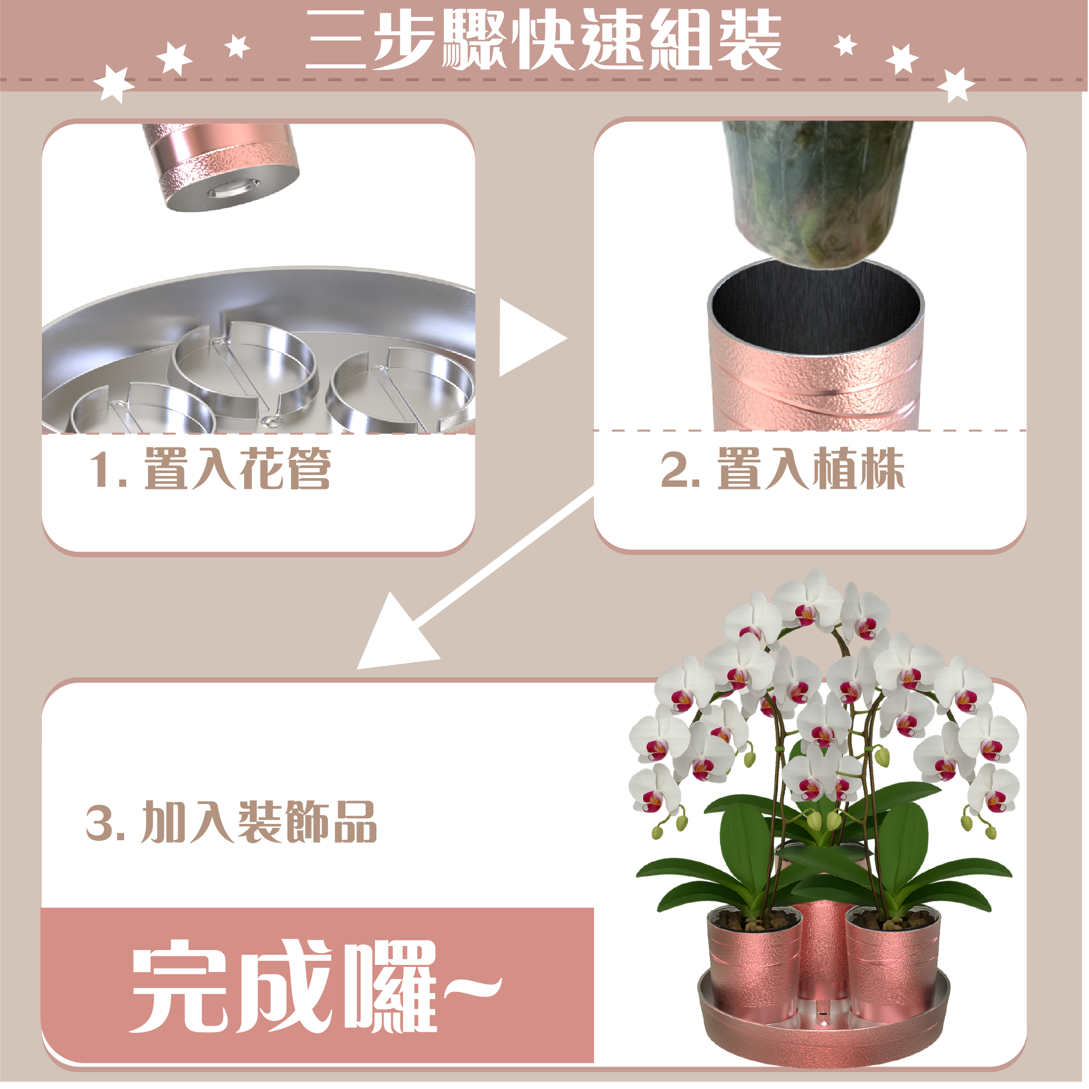 三步驟快速組裝，置入花管，置物蘭花株，調整，放上裝飾品，完整