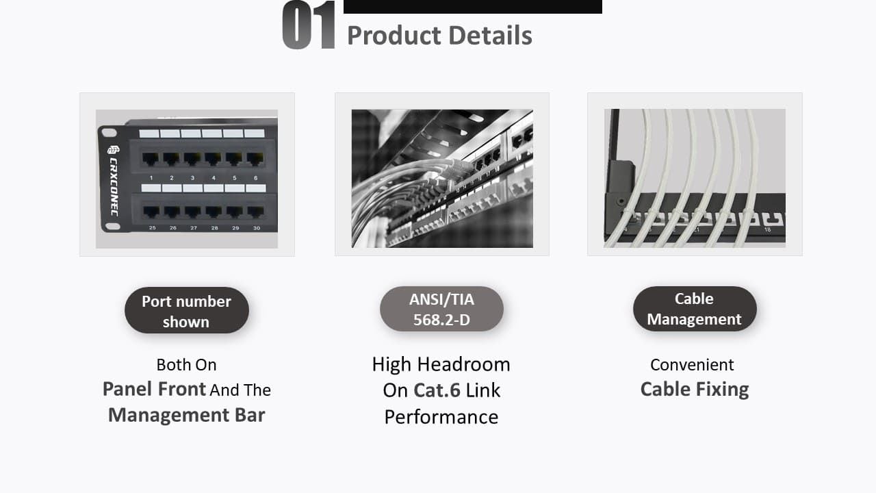 Die 48-Port-Kategorie 6 unterstützt massive und verseilte Kupferdrähte mit 22AWG bis 26AWG und entspricht der Cat6-Verbindungsleistung.