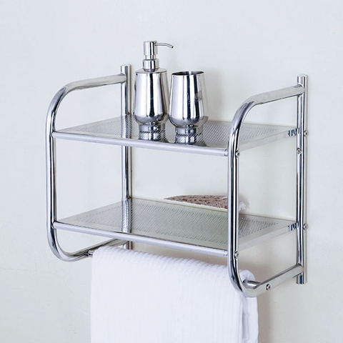 2 Tier Wall Mounted Towel Rail, Bathroom Shelf Storage Holder Rack