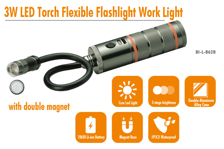 B62B Double Magnetic Rechargeable 3W LED Torch Flexible Snake Torch Flashlight Work Light suite for Small Space