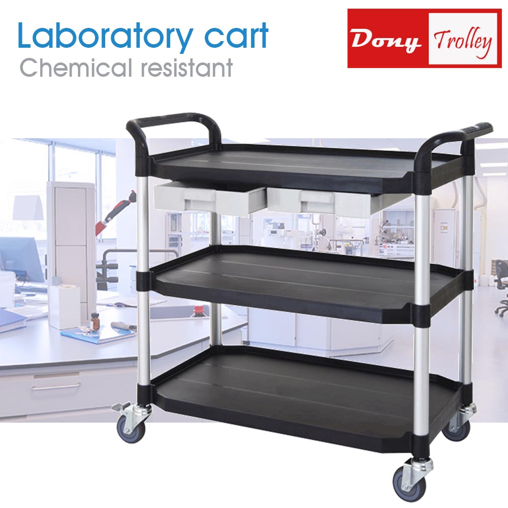 Lab carts, largest 3 shelf plastic utility cart, with ABS drawers