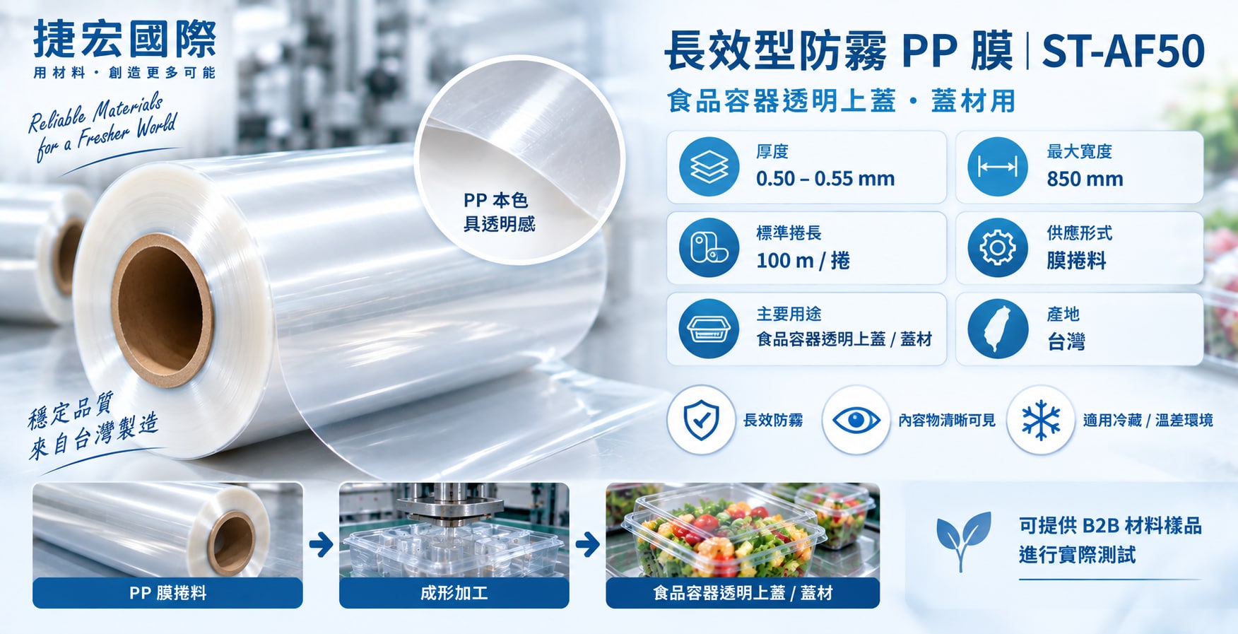 捷宏國際ST-AF50長效型防霧PP膜規格,厚度0.50至0.55mm,最大寬度850mm,標準捲長100公尺,台灣製造