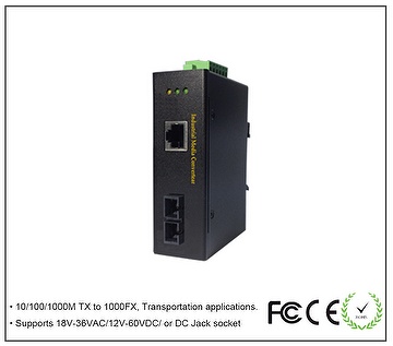 Rugged Industrial Gigabit Media Converter, supports wide range power input 18-36VAC/12-60VDC,  -40°C to +75°C  10/100/1000M TX to 1000FX, Designed for Security, Transportation and Telco applications.