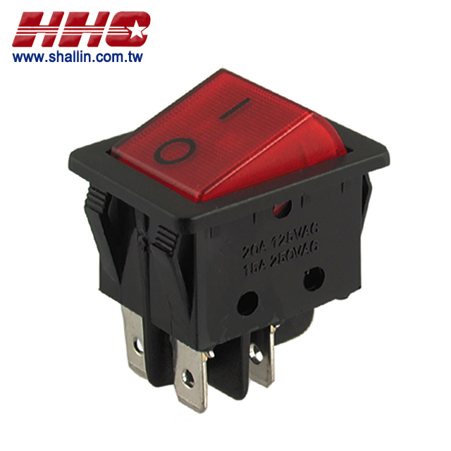 4P illuminated rocker switch (DPST) onoff, 250V 10A, RoHS Directive