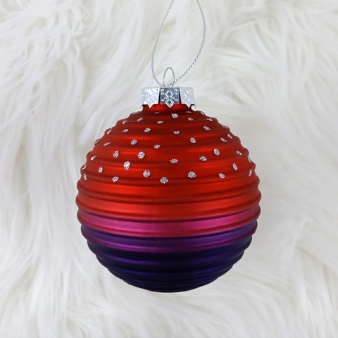 Red and Purple Gradient Geometric Textured Glass Ball Ornament, Blown Glass Christmas Tree Ornaments for Christmas Decorations