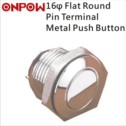 ONPOW 16mm Metal Push Button Switch Momentary Flat Round Pin Terminal 